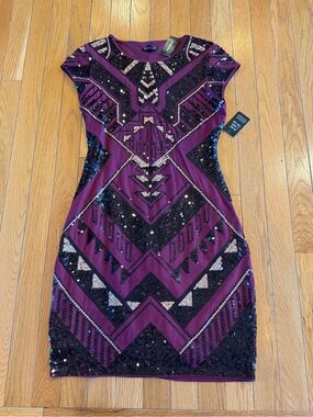 New Express Cap Sleeve Sequin Sheath Dress Dark Red Black Gold Sz Small